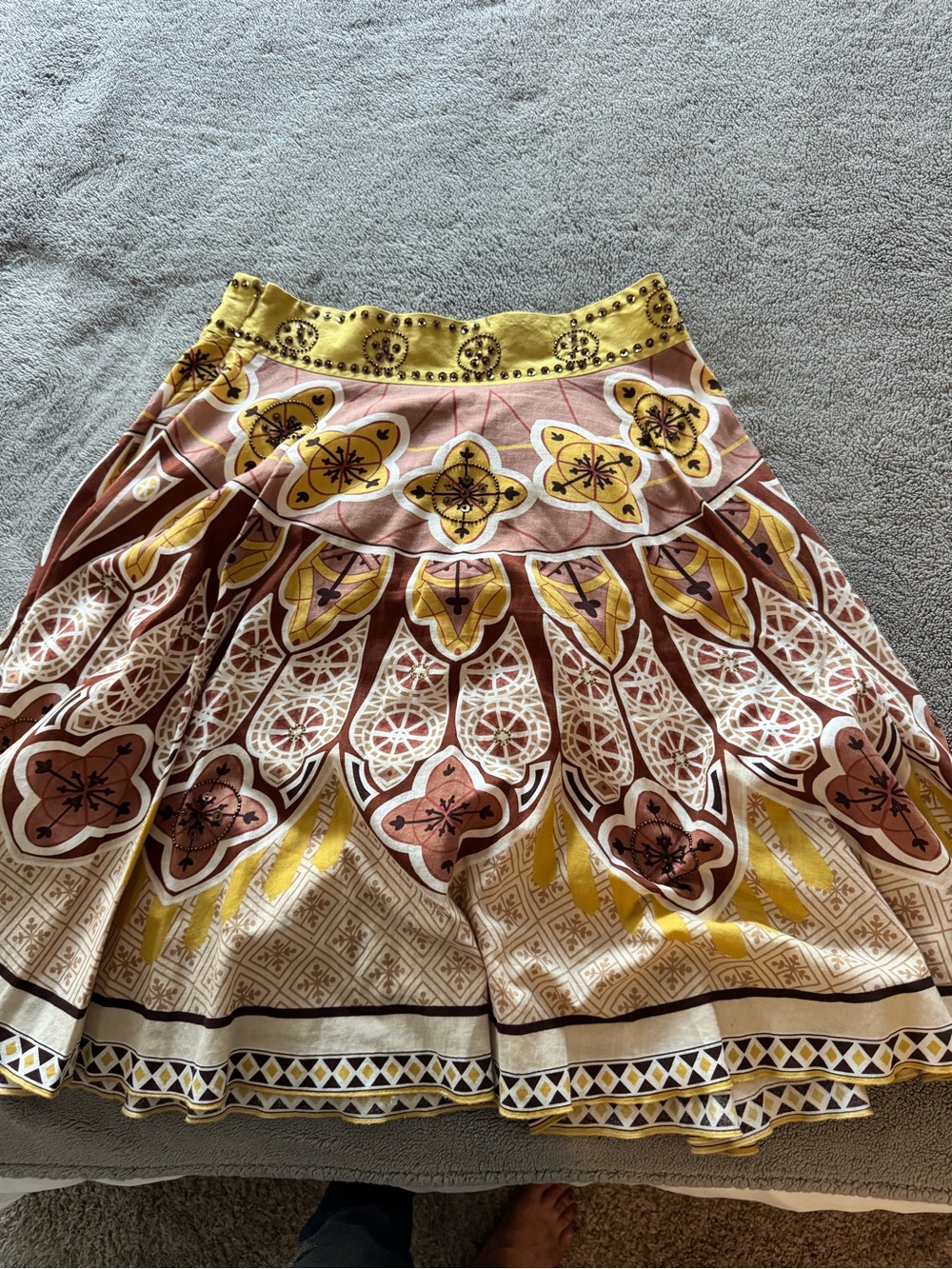 Anthropologie Bohemian Printed Flared Skirt in Yellow and Brown